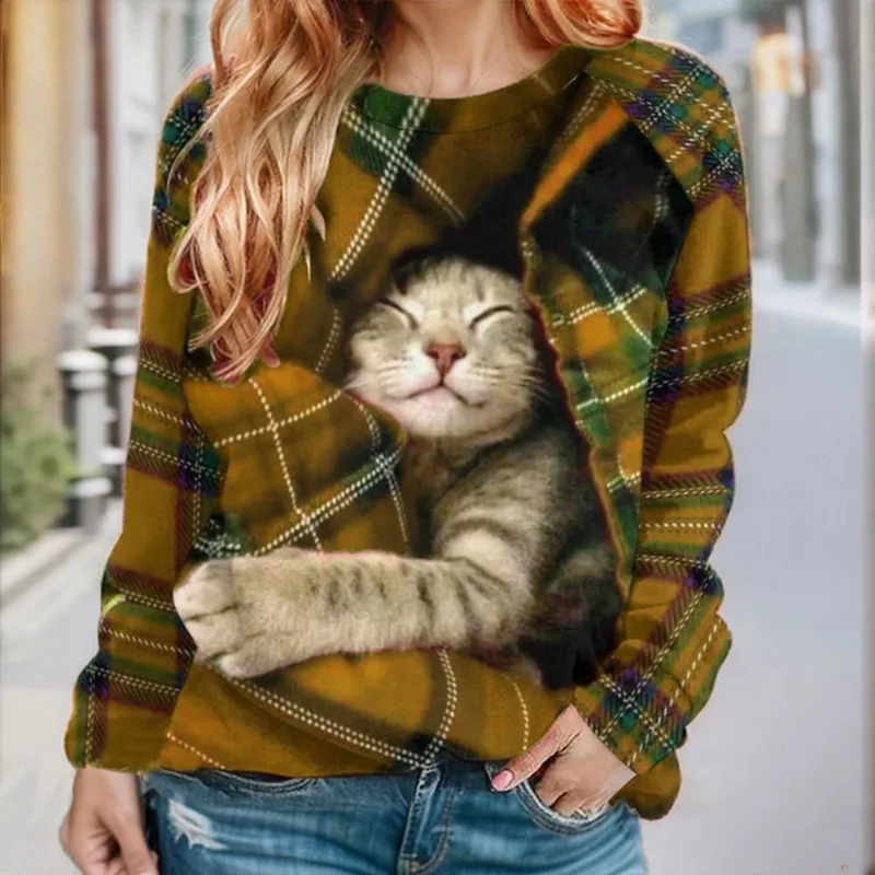 Autumn Winter Women's Pullover Round Neck Striped Animal Solid Geometric Long Sleeved T-shirt Hoodies Fashion Casual Loose Tops