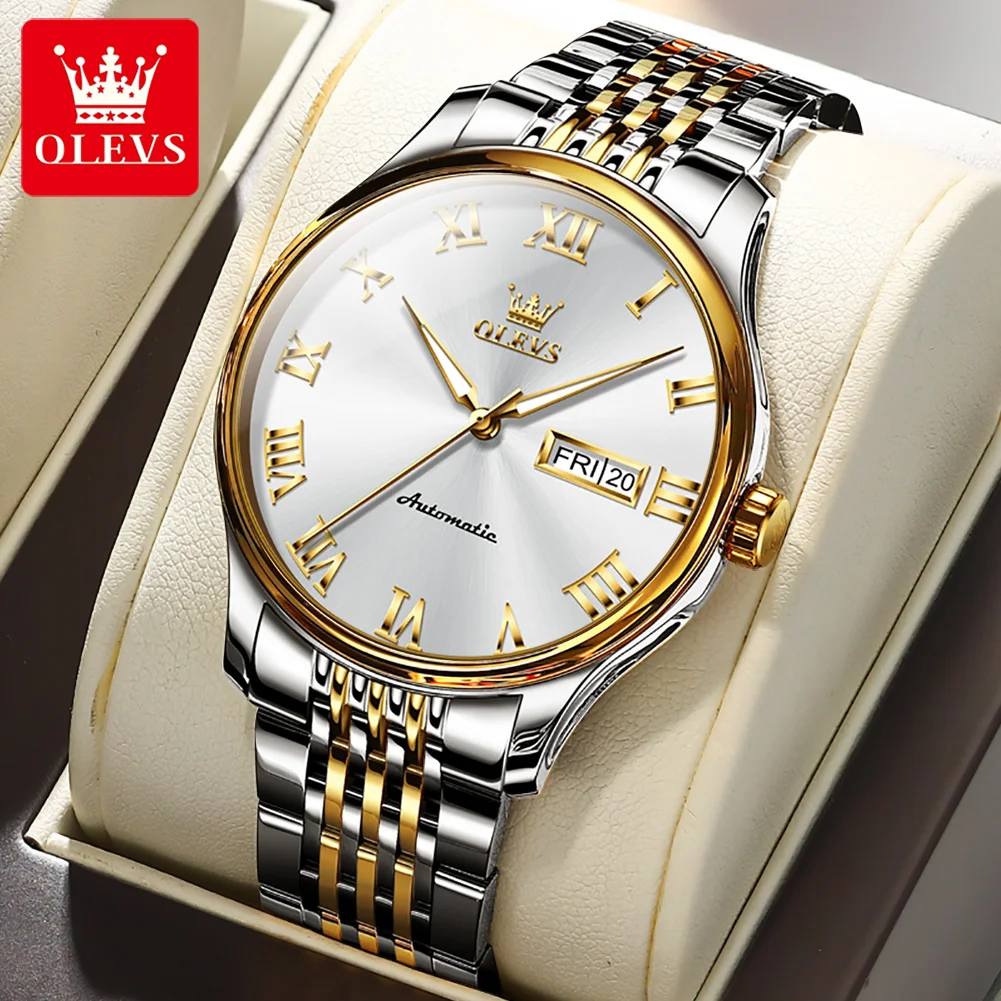 

OLEVS Mens Watches Top Brand Luxury Mechanical Watch for Men Stainless Steel Waterproof Calendar Week Business Wristwatch Male