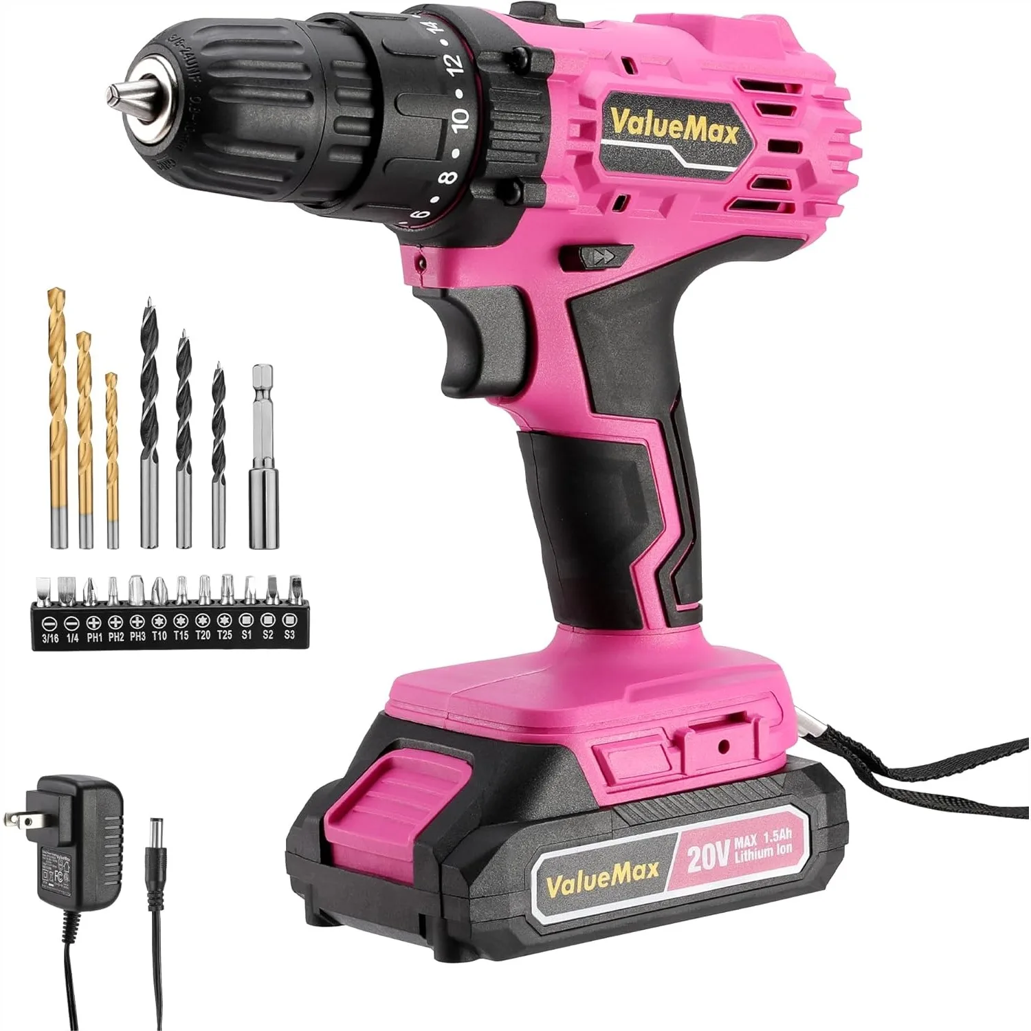 

20V Pink Cordless Drill Set, Lithium-Ion Power Drill with LED Light, 18+1 Torque Settings, Keyless Chuck & Magnetic Holder