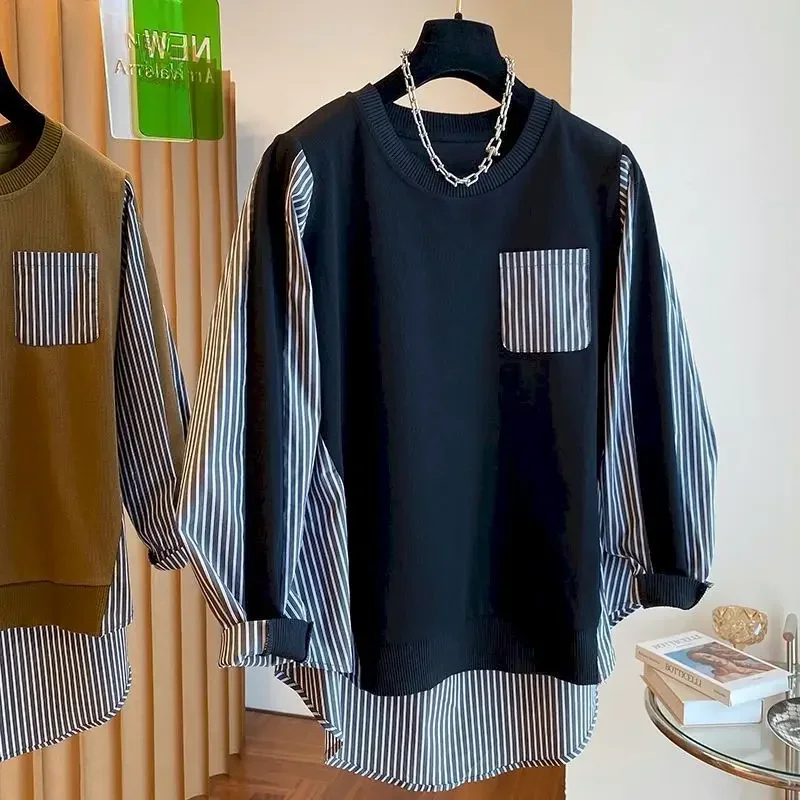 Oversized T-shirts Women Loose Striped Patchwork T Shirt Spring Autumn Trend Fake Two-Piece Long Sleeve Tshirt Casual Pullovers