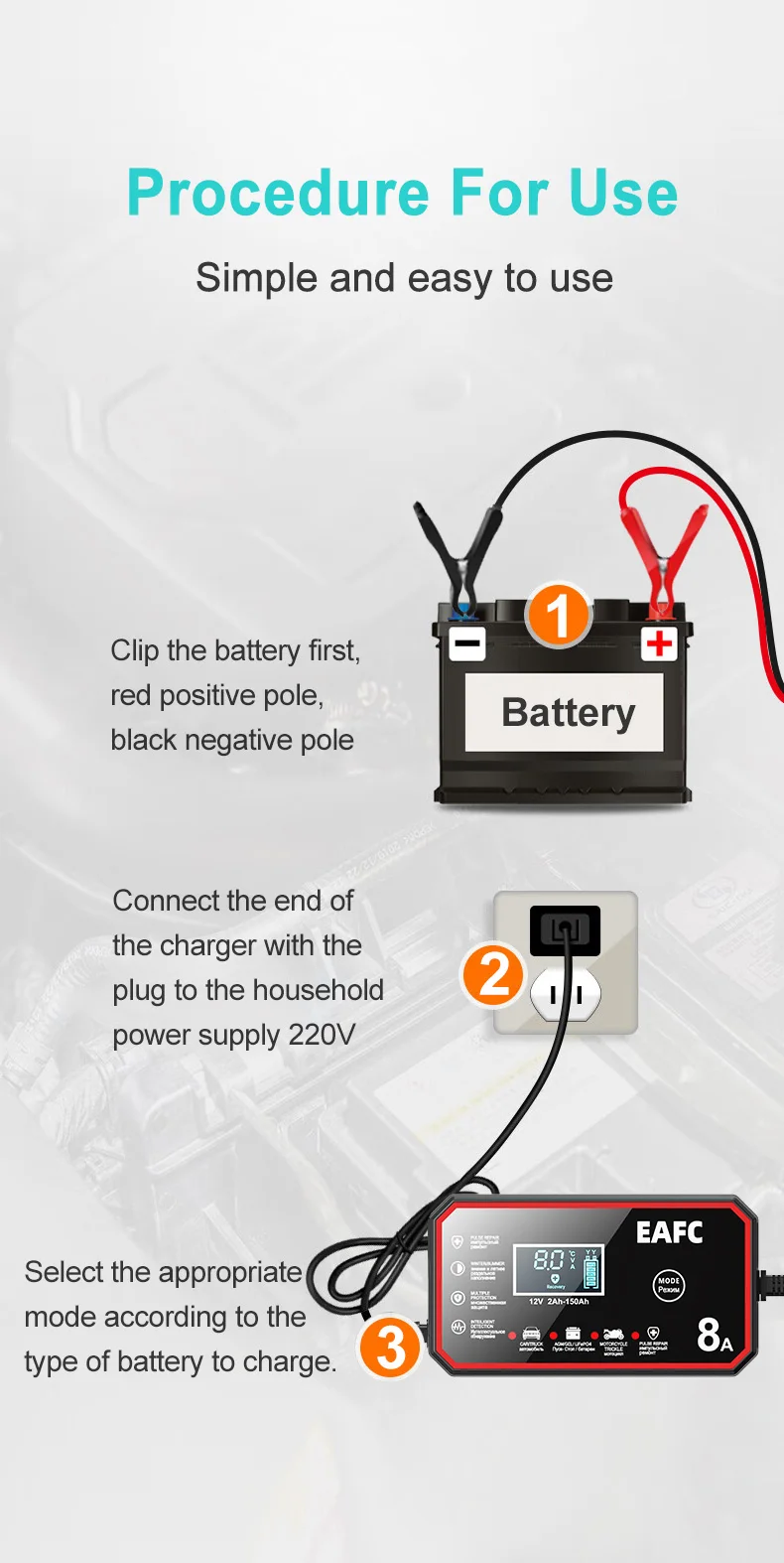 EAFC 6A /8A 12V Intelligentes Autobatterieladegerät Auto- und Motorradbatterieleinheit Blei-Säure-Batterie-Reparatur LCD-Display – Detail 20