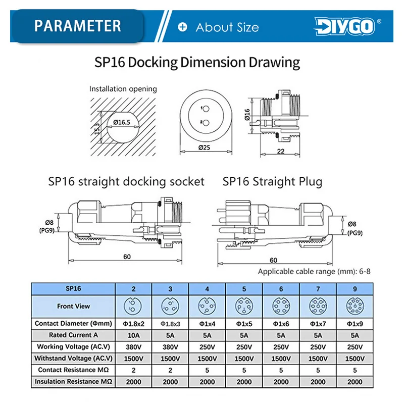 SP16 IP68 Docking Type Wire Connectors 2/3/4/5/6/7/9 Pin Fast Aviation Plug Socket For Outdoor Power Device Connection DIY GO