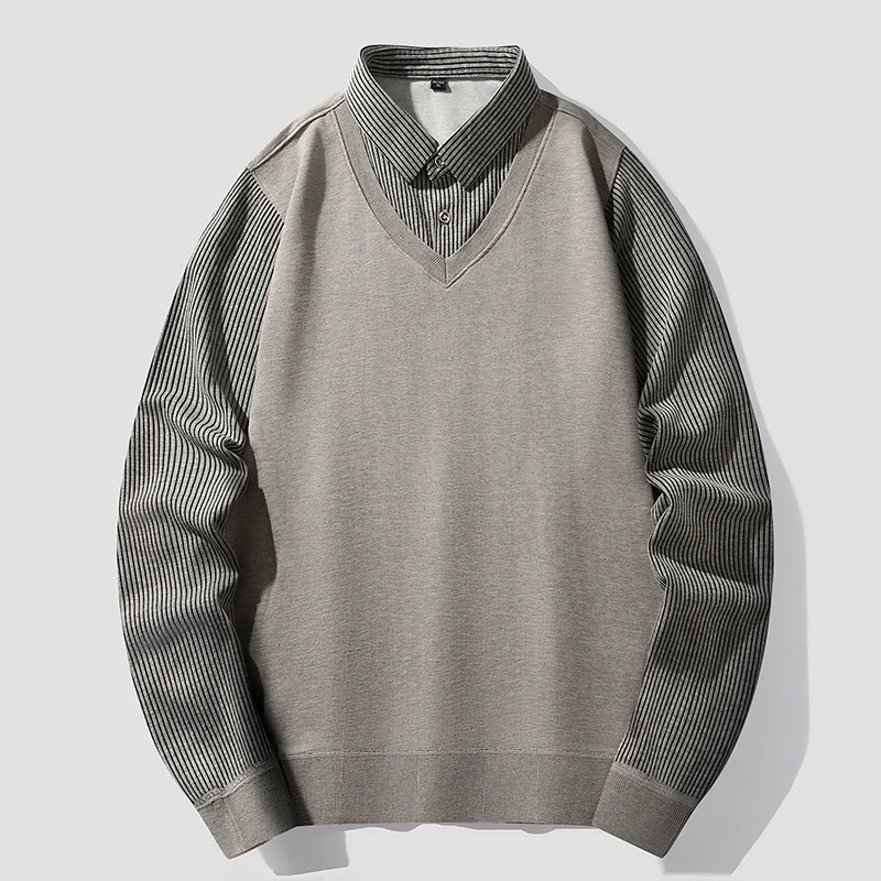 

Autumn Winter Patchwork Pullover Men Middle-Aged Young Sweaters Men Polo Collar Fake Two Knitwear Bottomed Shirt Men Sweater