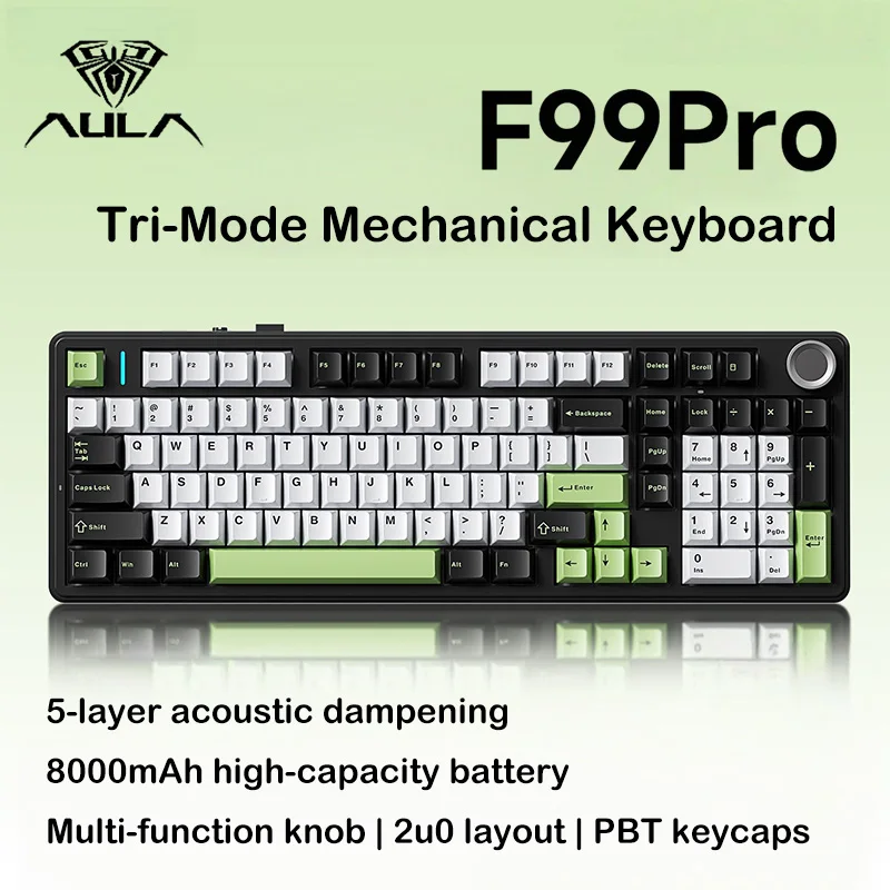 AULA F99 Pro Mechanical Keyboard Triple Mode 2.4G Bluetooth Wired Hot Swappable PBT Gasket RGB 99 Keys 8000mAh with Media Knob
