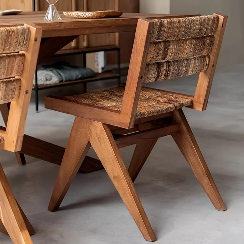 Old teak furniture solid wood dining chair banana hemp hand-woven medieval style dining table and chairs