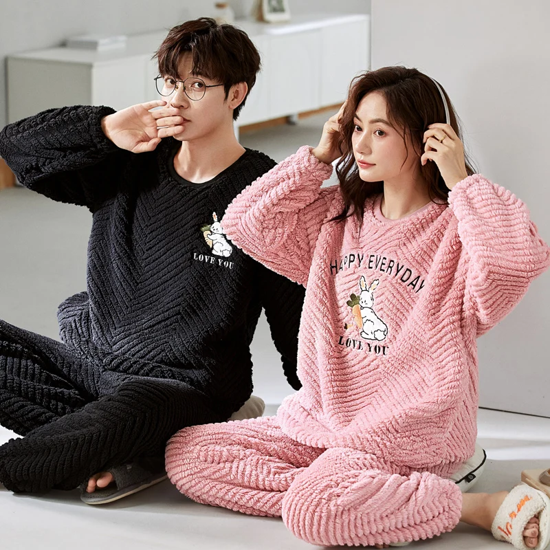 2024 Couple Matching Sleepwear Coral Fleece Winter Warm Pajamas Set Women and Men Thicken Bear Cartoon Cute Nightwear Freeship