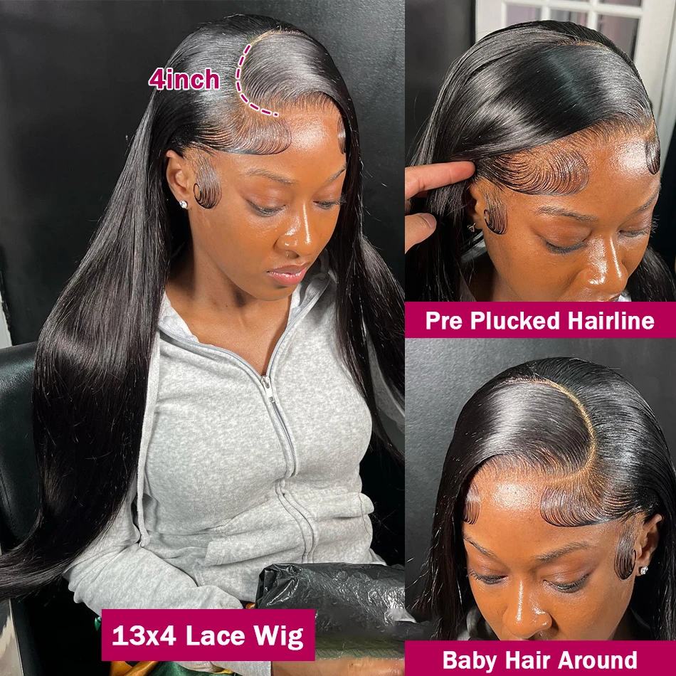 Perruque Lace Front Wig sans colle brésilienne Remy naturelle, cheveux lisses, 4x4, 5x5, 13x4, 13x6, HD, 360 de densité, prêt à porter