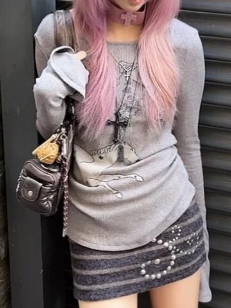 女性用長袖Tシャツ,y2kヴィンテージプリントTシャツ,マッチングTシャツ,原宿ストリートウェア,グランジTシャツ