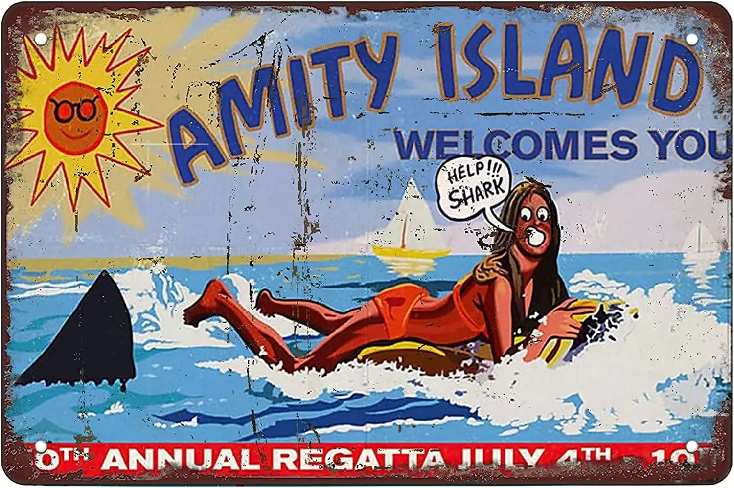 علامة STOOKI المعدنية القصدير، مرحبًا بكم في جزيرة Amity، ديكور حائط ركوب الأمواج، ديكور ممتع للمنزل والمطبخ، ملصقات لوحة ريترو عتيقة 1