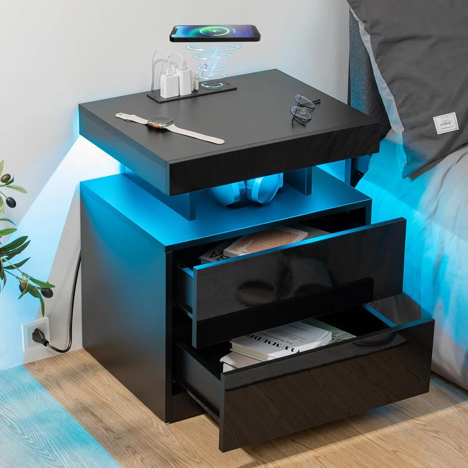 Led Nightstand With Wirel Charging Station & Usb Ports High Gloss Bedside Table With Led Light Rgb Adjustable Brightn Smart