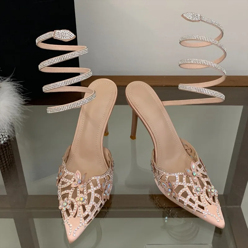 Aneikeh Pointed Toe Spiral Snake Wrap Ankle Strap Stiletto High Heels Hollow Butterfly Rhinestone Sandals Banquet Dress Shoes