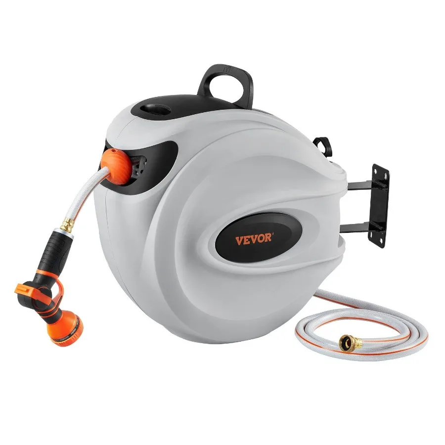 Wall-Mounted Retractable Hose Reel 115 ft x 1/2 inch 180 Swivel Bracket Garden Water Hose with 9-Pattern Nozzle Automatic Rewin