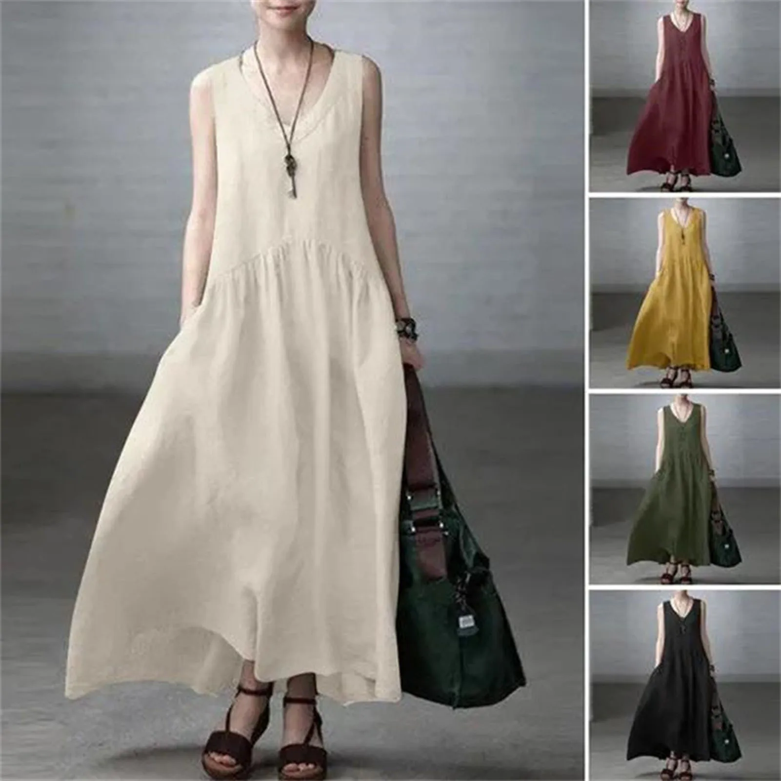 Retro Solid Cotton Linen Pleated Long Dress Woman Spring Fashion V Neck Loose Maxi Dress Summer Sleeveless Tank Boho Beach Dres
