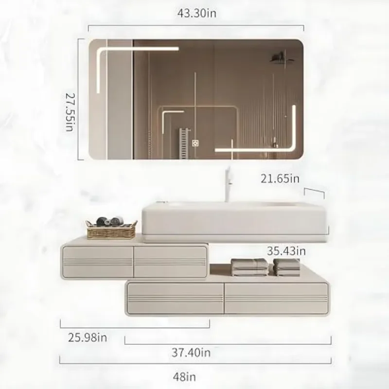 Cream Sintered Stone Vanity with Integrated Basin LED Bluetooth Touch Mirror Bathroom Sink Cabinet Modern Washstand