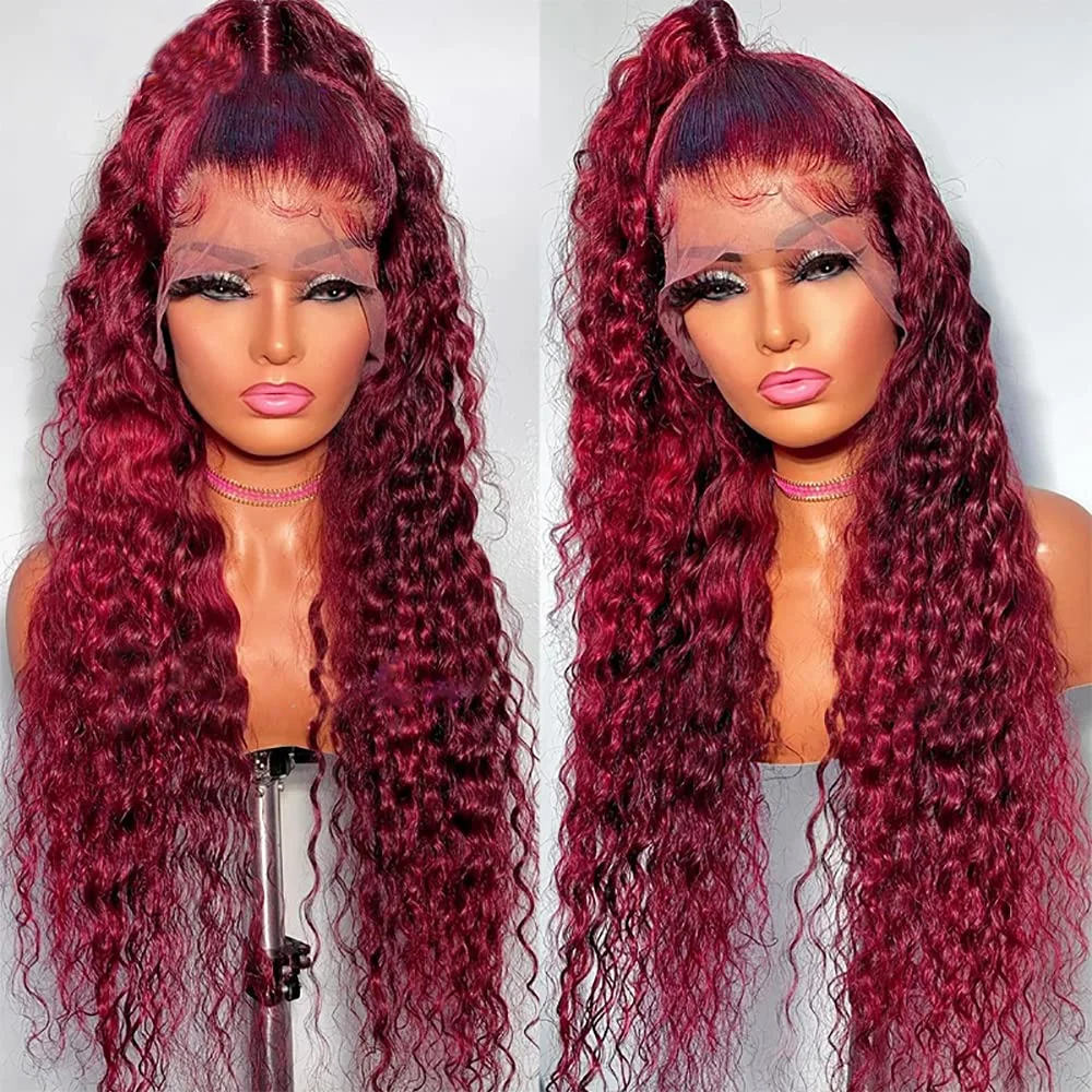 

99J Burgundy 13x4 13x6 Lace Frontal Deep Wave Wig Human Hair 46 Inch Deep Curly Glueless Lace Front Wig Brazilian Red Wine Wig