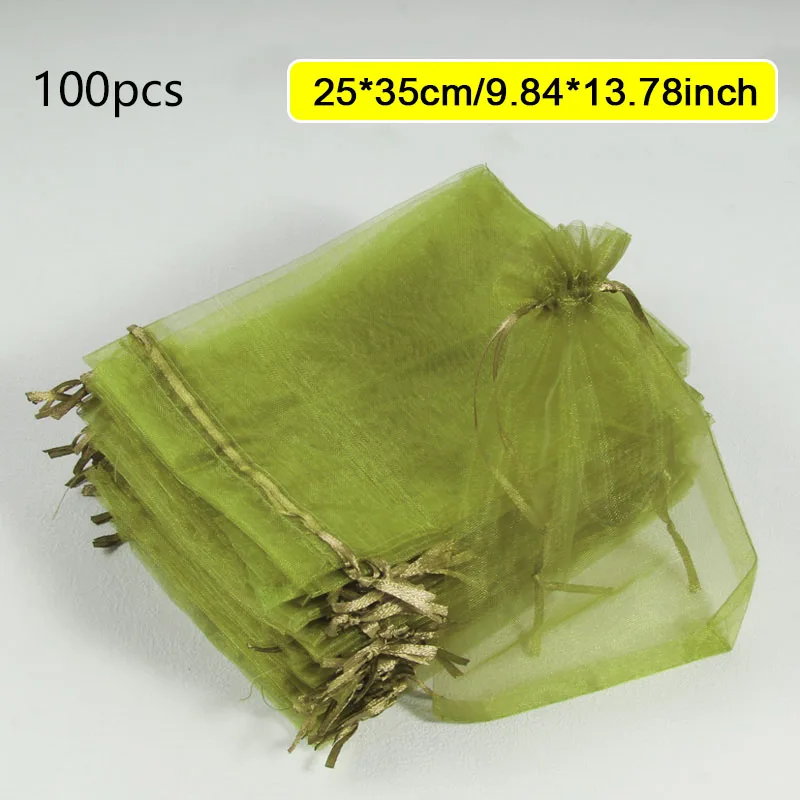 100 Stück armeegrün, verschiedene Größen, atmungsaktive Organza-Obstnetztaschen für Mango, Blumen, Bananen, schützen Pflanzen vor Beschädigungen