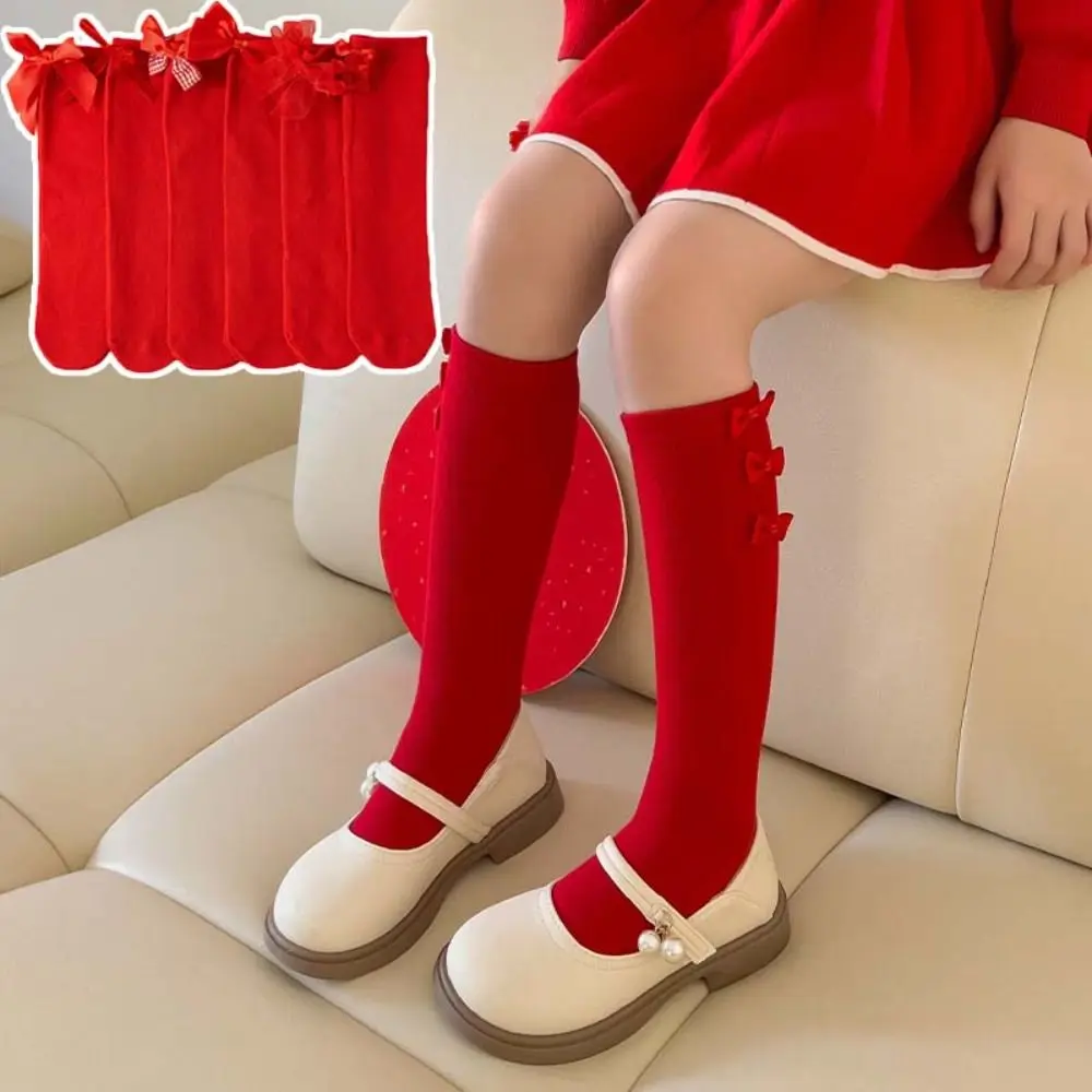 Casual Cotton New Year Red Socks Comfortable MidTube Bow Hosiery for Princess Sweet Knee High Stockings Winter