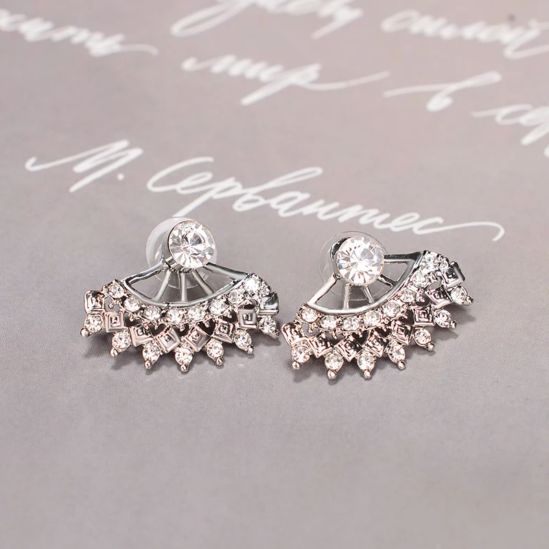 Crystal Fan Shape Detachable Studs Earrings for Women Rhinestones Ear Jacket Earrings Gift Double side