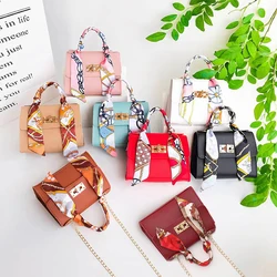 Women Small Square Pack Handbags Silk Scarf Shoulder Bags PU Leather Mini Chain Bag Luxury Ribbons Crossbody Messenger Bags