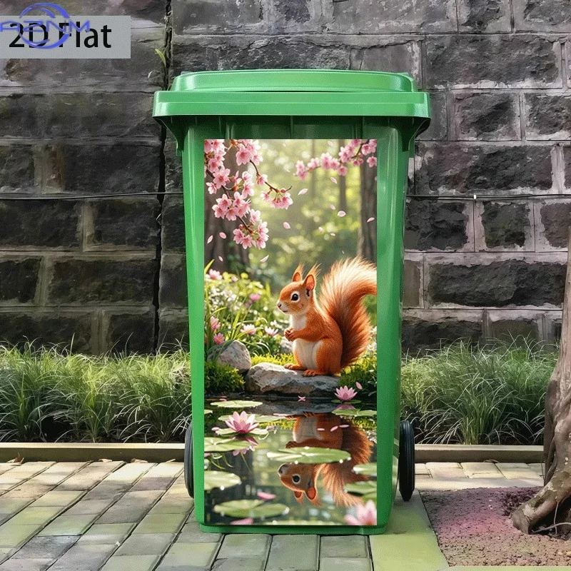 Printing]Trash Can Sticker 37 X 82 Cm Spring Creek Squirrel Design Self-Adhesive Wall Decor Kitchen Trash Can Decoration (Suit