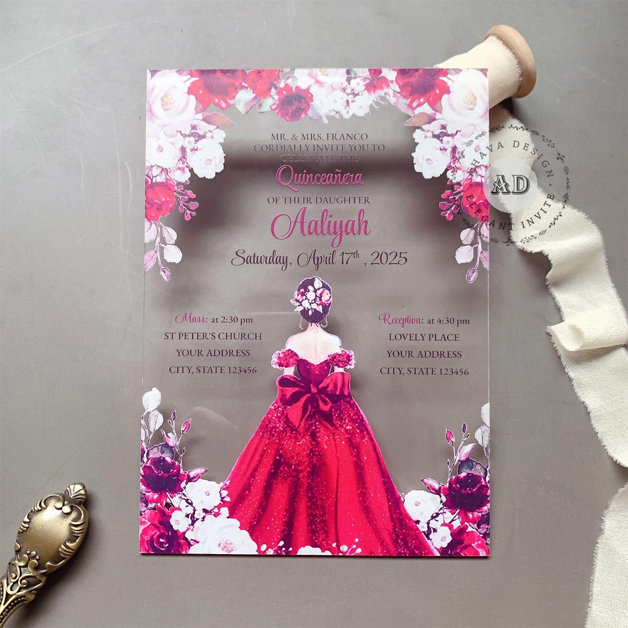 Custom Burgundy Girl Acrylic Invitation, Sweet 15 Transparent Invites, Personalized Quinceañera Invite {Free Preview Available}