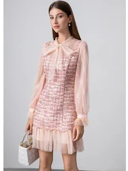 SMTHMA High Quality Lace Patchwork Colorful Tweed Dress Women's Small Fragrance Style Big Bow Ostrich Fur Woolen Dress