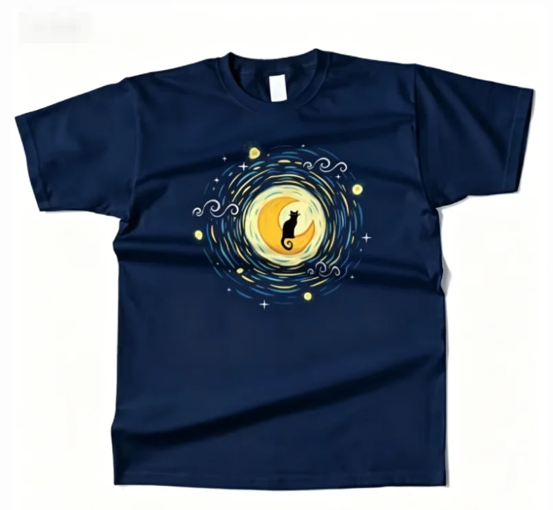Mens Cotton Starry Moon Cat Graphic High Quality T Shirt Street Casual Style Tee for Men and Women Moisture Wicking Breathable.
