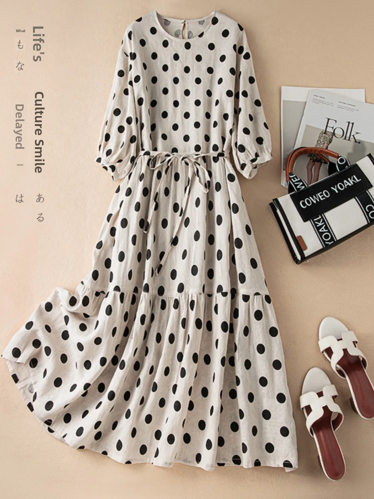 

Хлопково-льняное платье в горошек для женщин, свободное, стройнящее, с рукавами-фонариками, в стиле кукольного платья, повседневное, А-силуэт, весна-лето