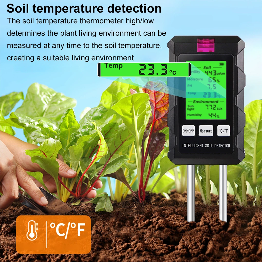 Digital 6 in 1 Soil PH Meter Fertility Soil Moisture Sunlight Ambient Humidity Temp Tester Monitor Detector Garden Soli Analyzer