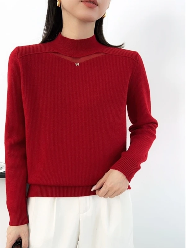 سترة نسائية منسوجة من الدانتيل مبطنة Fce بياقة عالية ملابس داخلية حرارية لخريف وشتاء 2025 سترة جديدة فضفاضة محبوكة... #4