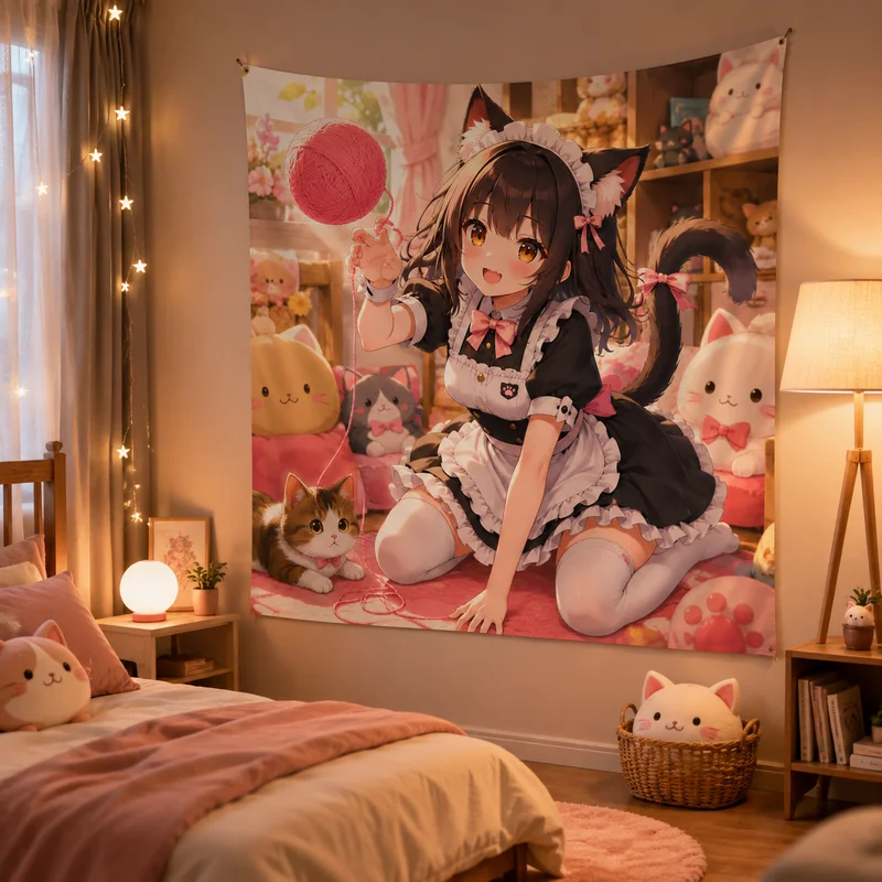 VIKAMA Gentle Pink Cat Maid Anime Tapestry, Sweet Cat-Themed Girl Print Wall Hanging, Home Decor for Bedrooms and Living Rooms