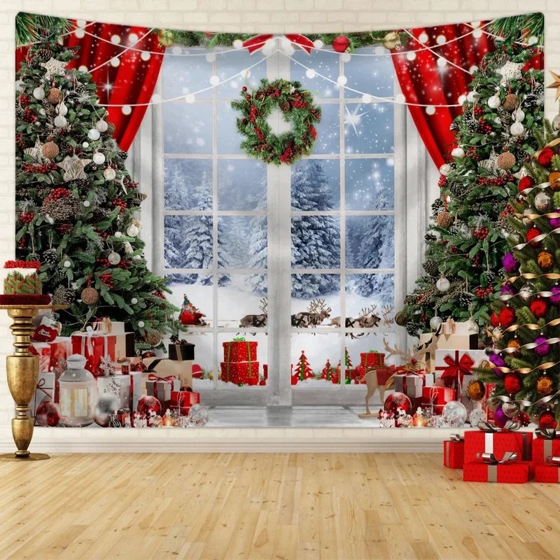 VIKAMA Christmas Window View Tapestry Xmas Tree Gift Box Wreath Snow Forest Wall Hanging Holiday Party Photo Background Decor