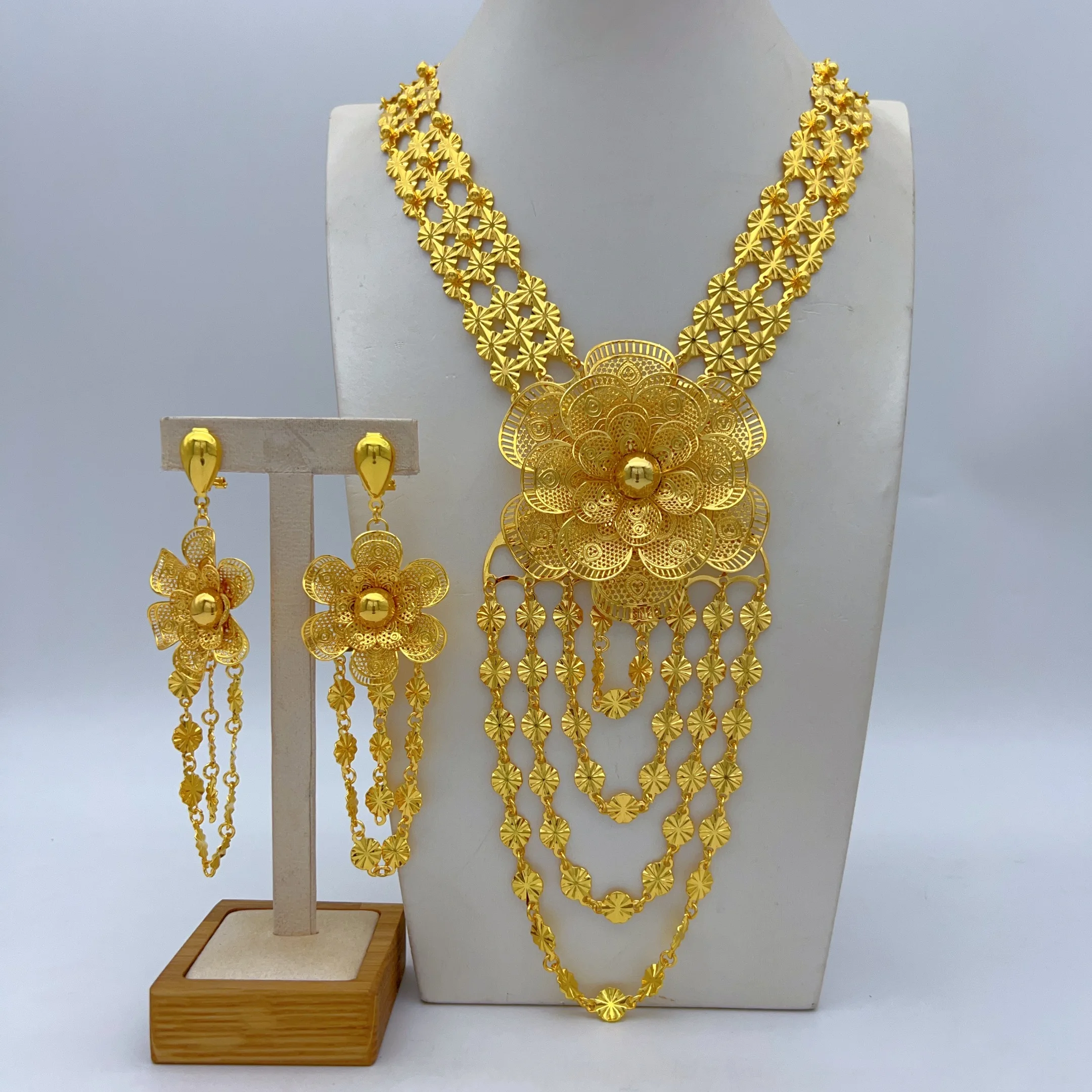 Luxury Ethiopian Long Flower Necklace and Earrings Sets for Bridal Indian 24k Gold Color Dubai Jewelry Earrings Banquet Gifts