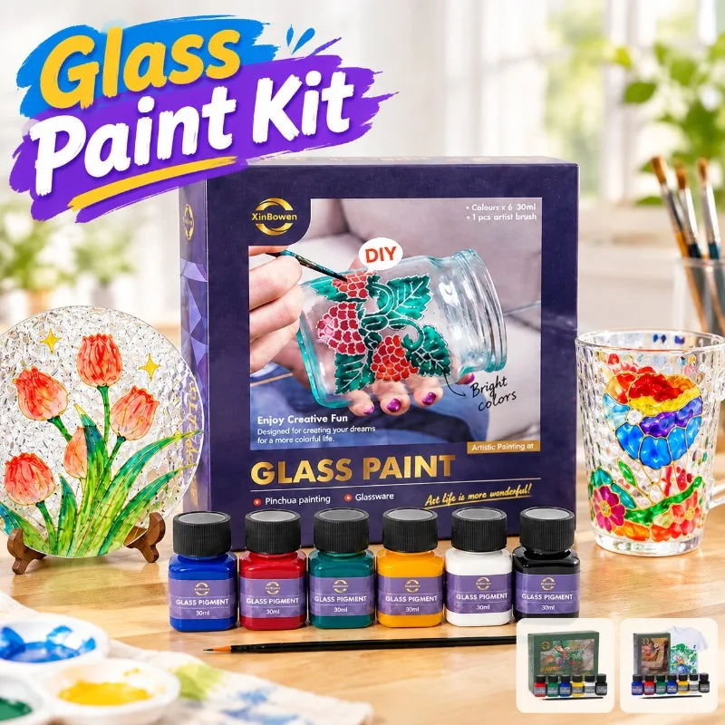 6 Colors Glass Paint Set Transparent Waterproof Pigment for Kids Hand-painted DIY Glass Painting Comes with Brushes Art Drawing