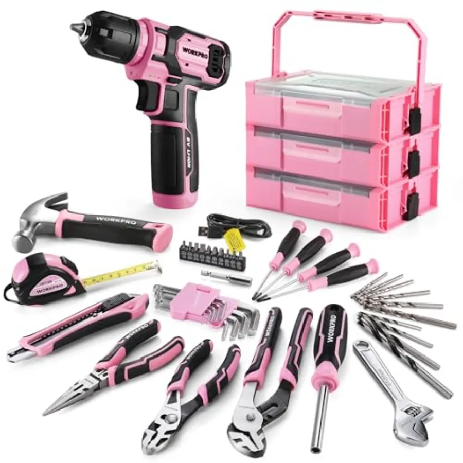 8V Power Drill, Pink Cordless Drill Driver Tool Kit Set for Women Lightweight Ergonomic Design with Durable ABS Plastic Housing