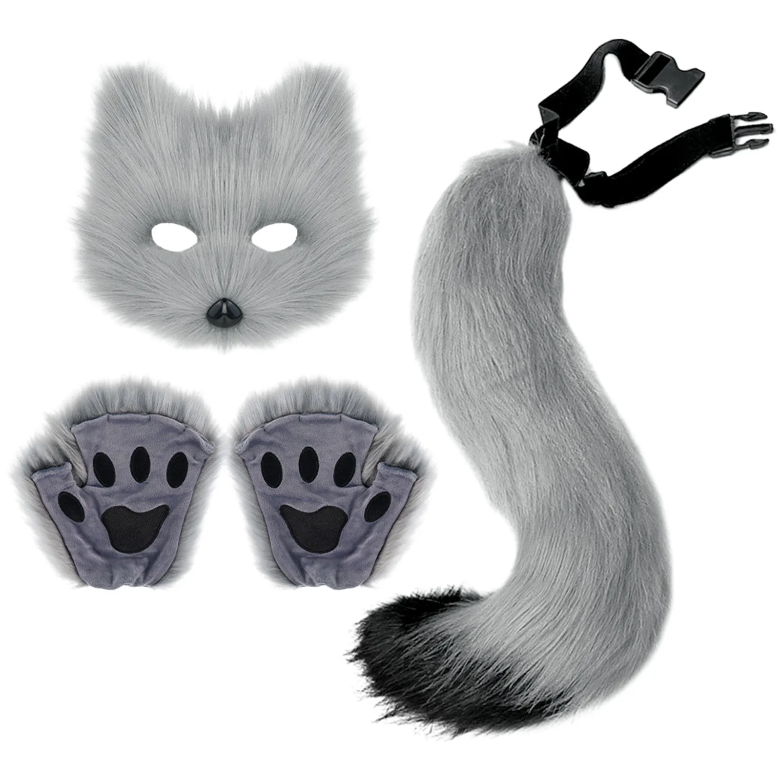 Fluffy Fur Fox Tail Keychain Cat Paws Gloves And Wolf Therian Mask Set For Halloween Cosplay Costume Accessories Mask Sets