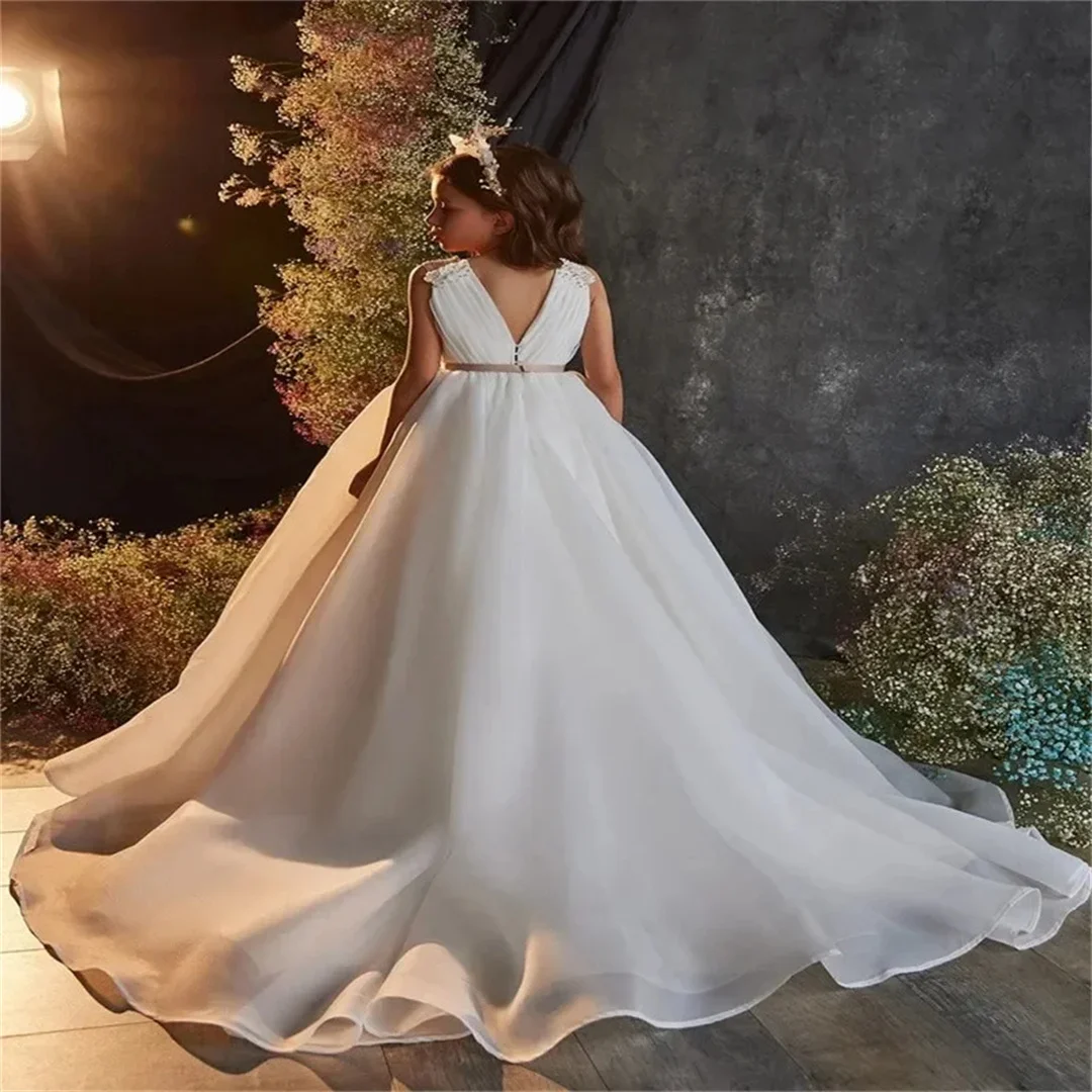 Communionkids Birthday Weddings Sleeveless Floor Length First Party Prom Dress White V-neck Simple Flower Girl Dresses