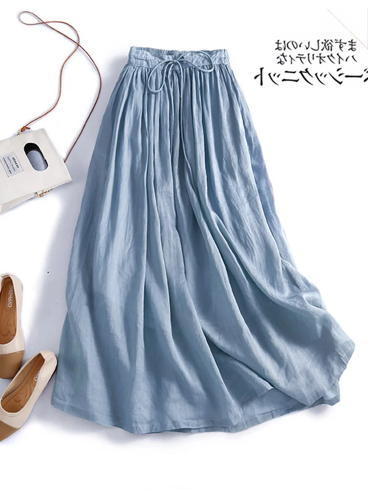 High Waist A-Line Midi Skirt Women's Linen Maxi Skirt Single Cut Label Double Layer Cotton Linen Half Body Skirt