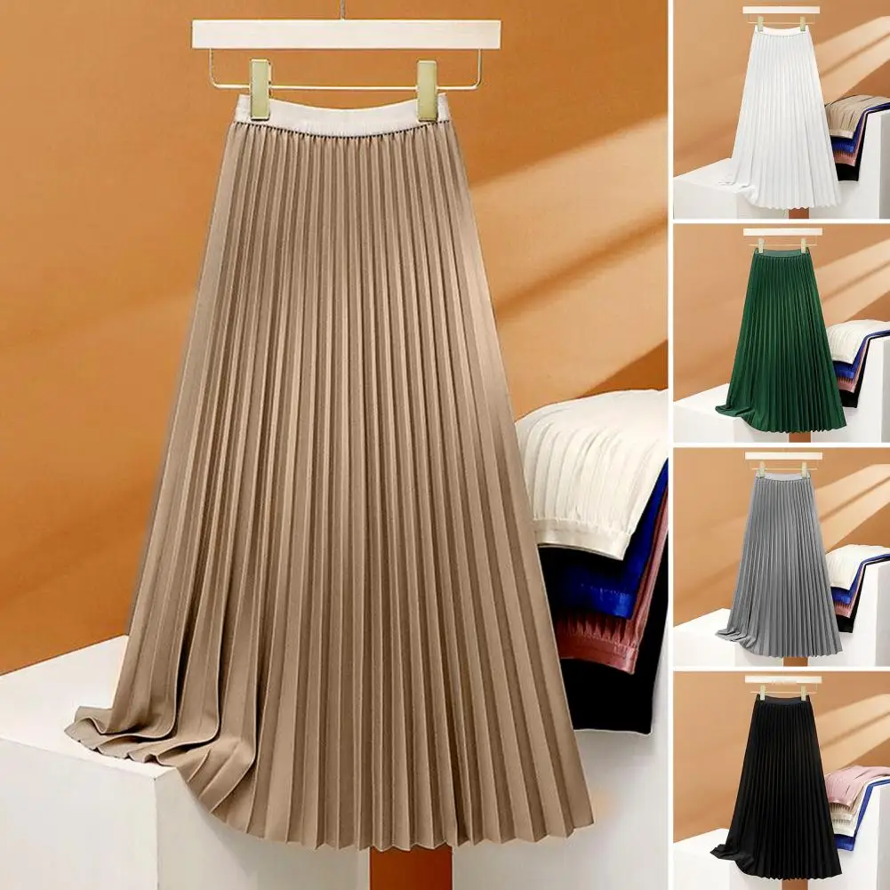 

Women Maxi Skirt Elastic High Waist Pleated Skirt Solid Color Smooth Satin A-Line Skirt Work Leisure Wear