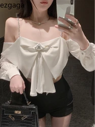 Ezgaga Sexy Shirts Women Slash Neck Off Shoulder Long Sleeve Backless Patchwork Elegant Blouse Female Fashion Crop Tops