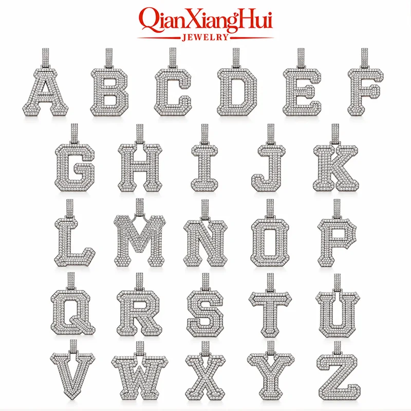925 Sterling Silver Moissanite 26 A-Z Initial Letter Pendant Iced Out Alphabet Hip Hop Jewelry Charm Gift for Men Women