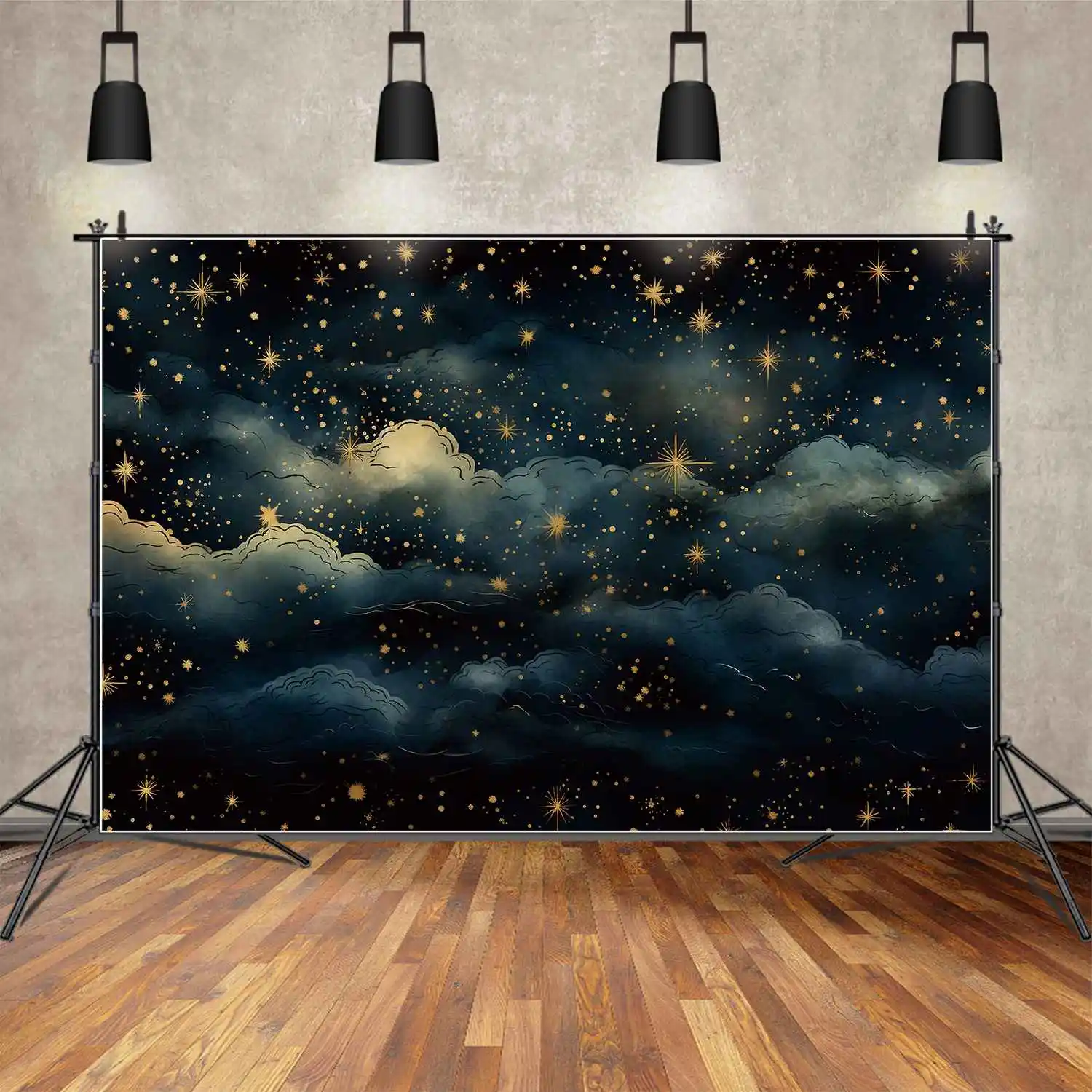 Moon.qg ฉากหลังถ่ายภาพเมฆสีฟ้าดาวสีทองท้องฟ้าอุปกรณ์ถ่ายภาพเด็กอุปกรณ์ประกอบฉากพื้นหลังเนบิวลาระยับเครื่องตกแต่งฝาผนังอุปกรณ์ประกอบฉากวันเกิด