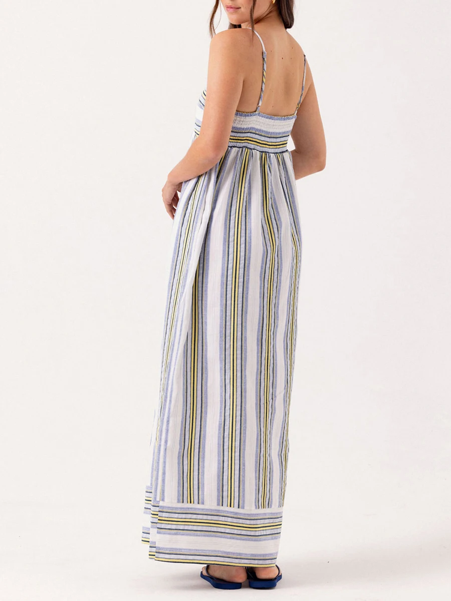 Women Striped Print Long Dress Summer Spaghetti Strap Sleeveless Square Neck Backless Smocked Beach Dresses with Pockets Daily