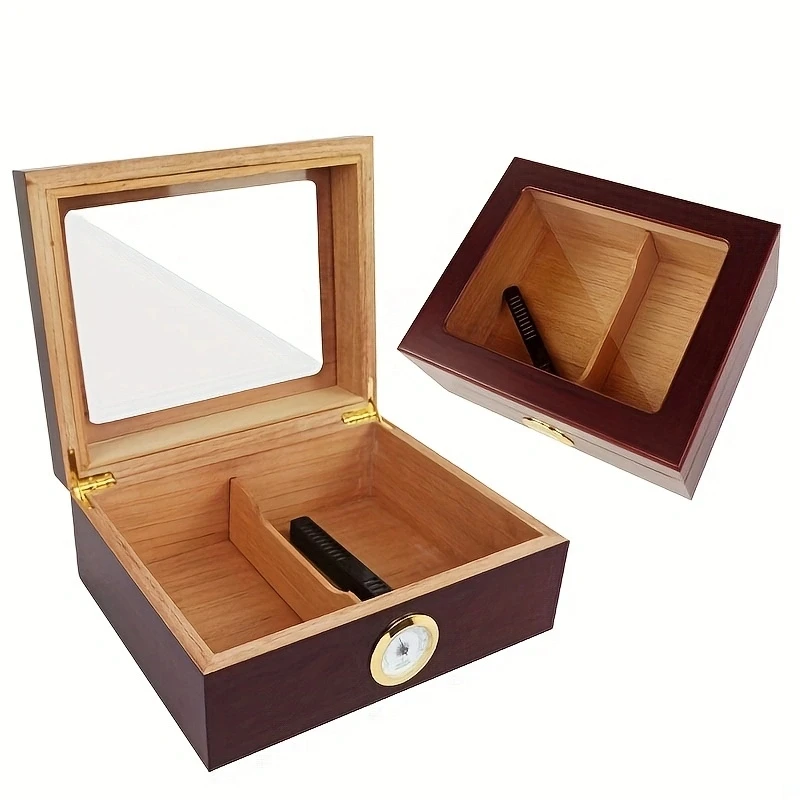 Spanish Cedar Wood Humidor Cigar Box With Hygrometer Humidifier Set High Transparent Home Case