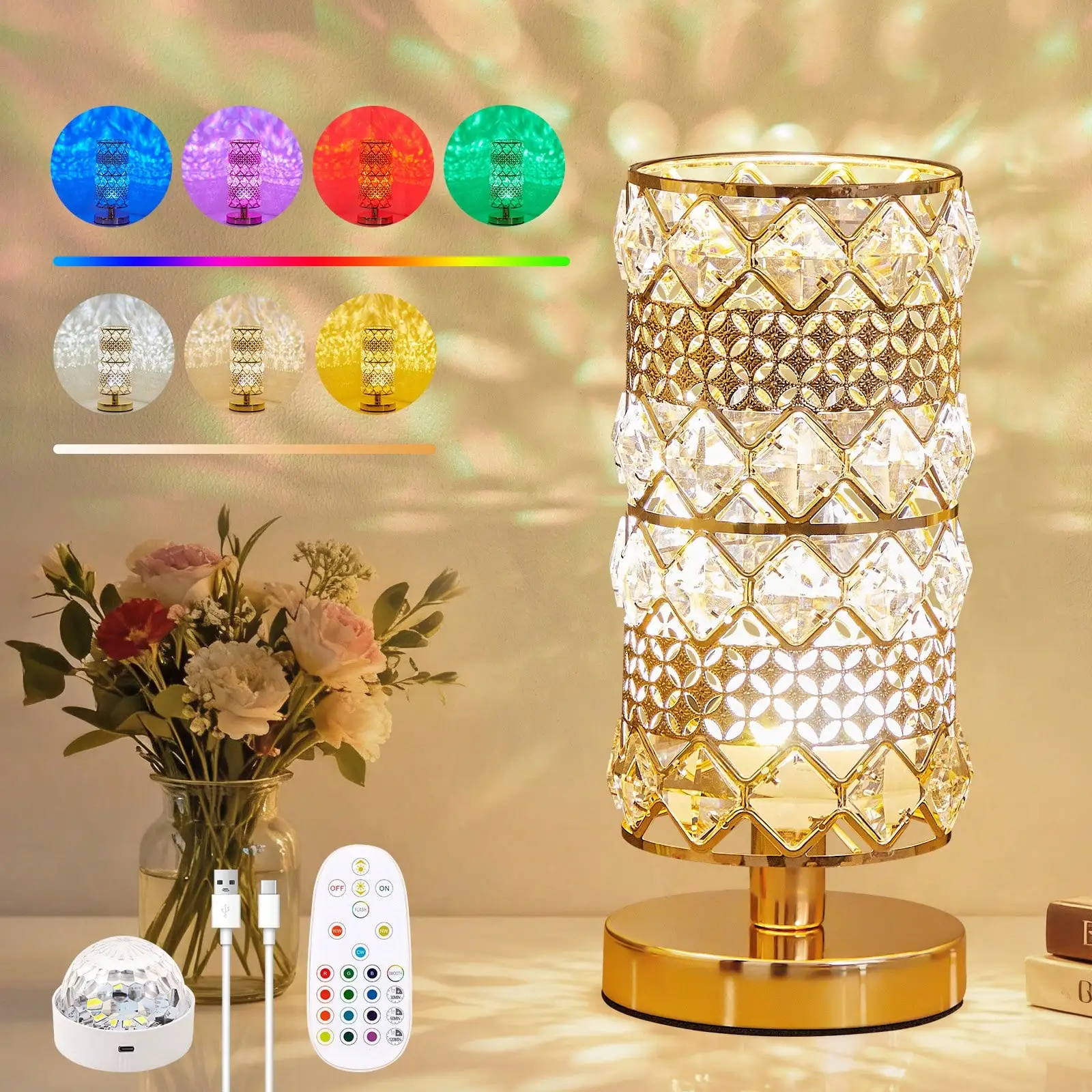 Crystal Color-Changing Remote Control Table Lamp, USB Rechargeable LED Lamp with Adjustable Brightness & Colors, Modern Decor Light for Bedroom, Living Room & Special Occasions