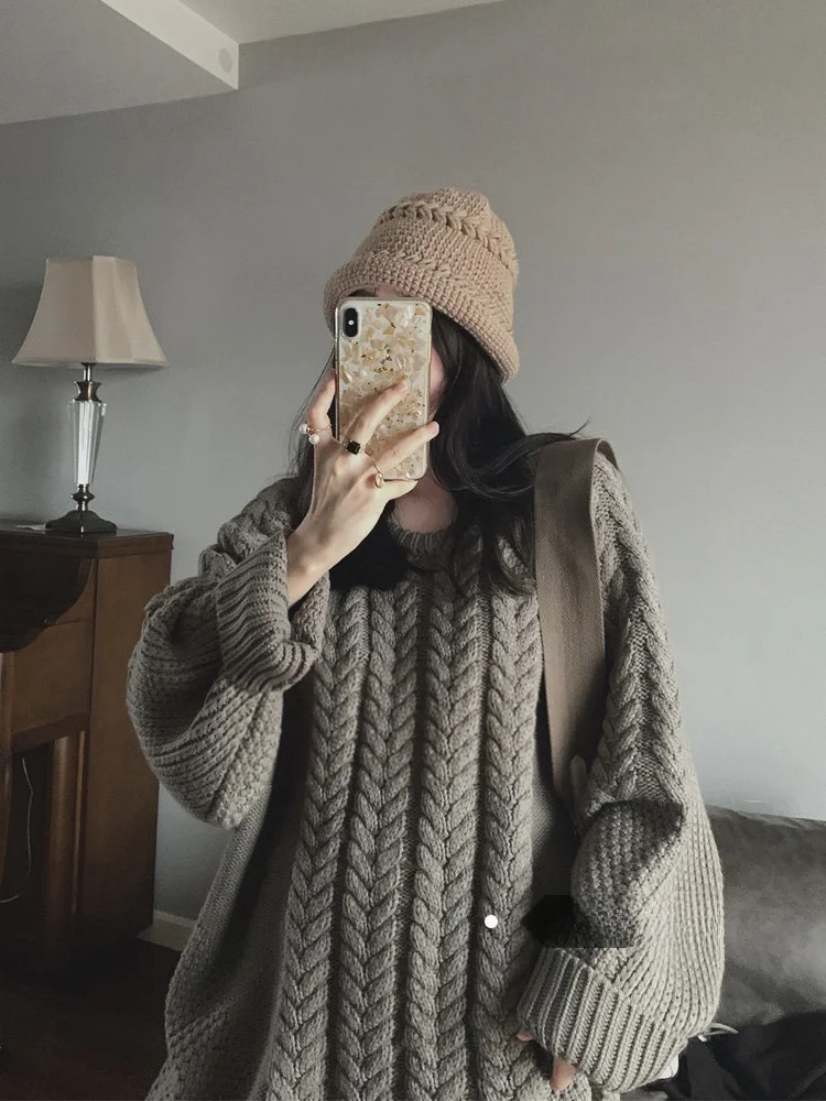 

Retro Hong Kong Sle Thiened Knitted Sweater Women's Overhead Loose Lazy High-End Feelings Mid-Length Casual Wear