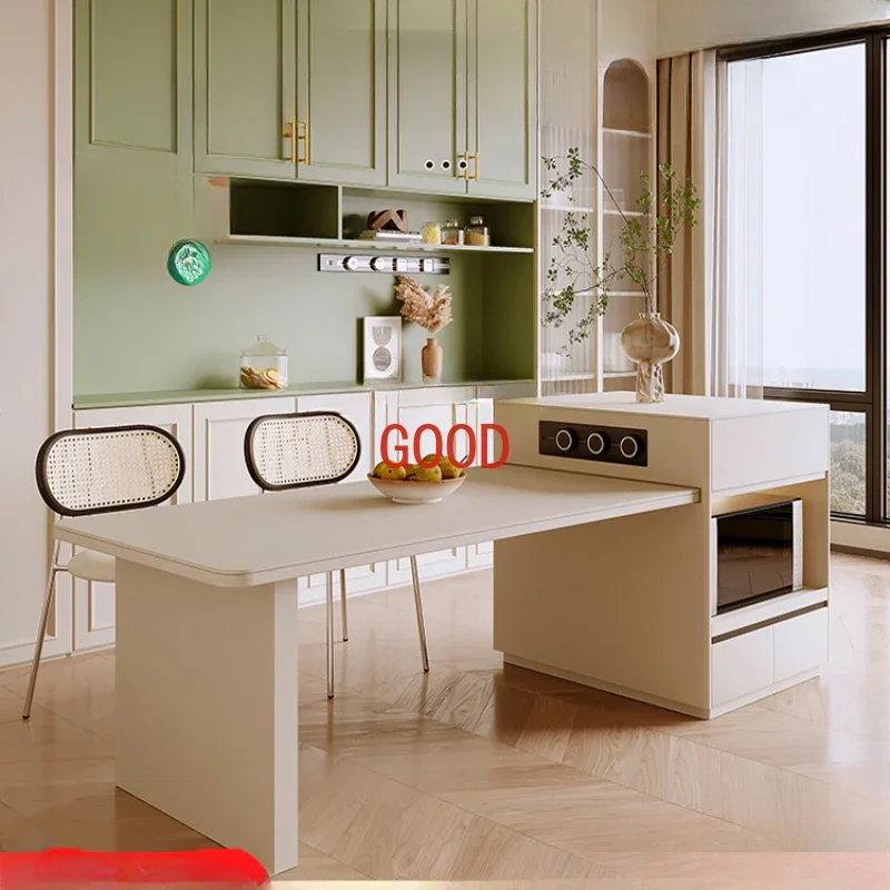 

Solid Wood Cream Style French Retractable Kitchen Island Dining Table Integrated Pull Embedded Kitchen Island