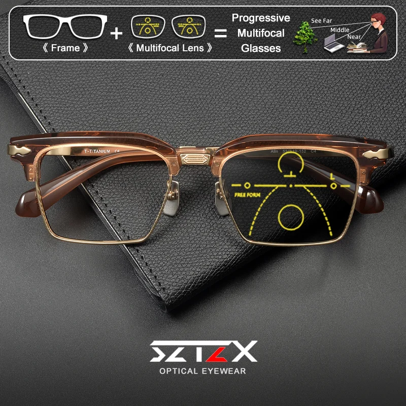 

SZTZX Business Men Eyebrow Frame Photochromic Prescription Glasses Titanium Acetate Design Anti Blue Ray Progressive Eyeglasses