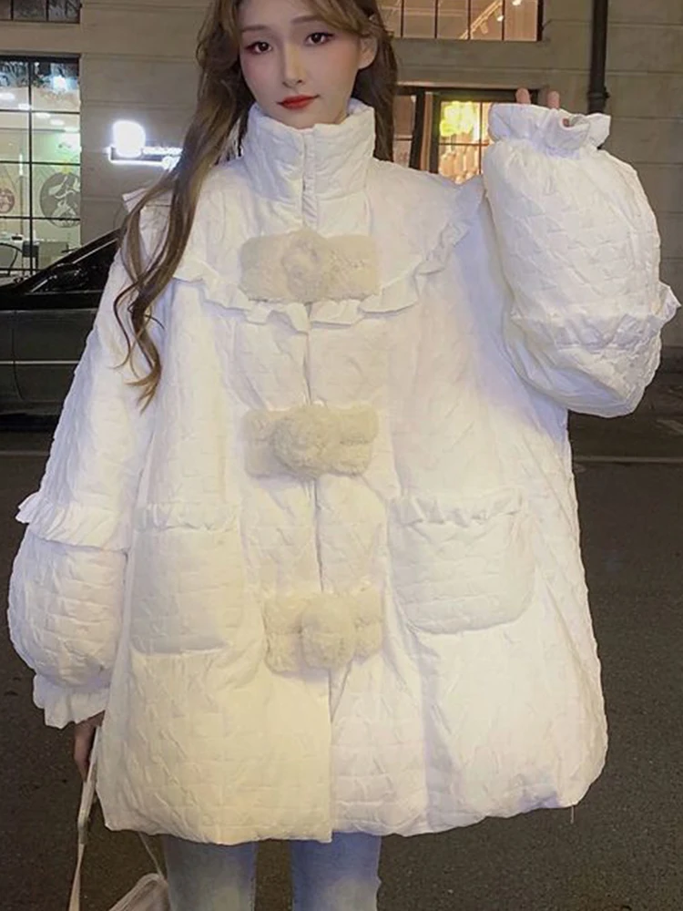 Oversized Down Jacket Women White Thick Warm Parka Female Korean Fashion Kawaii Padded Coat Ladies Winter Ruffle Cotton Jackets