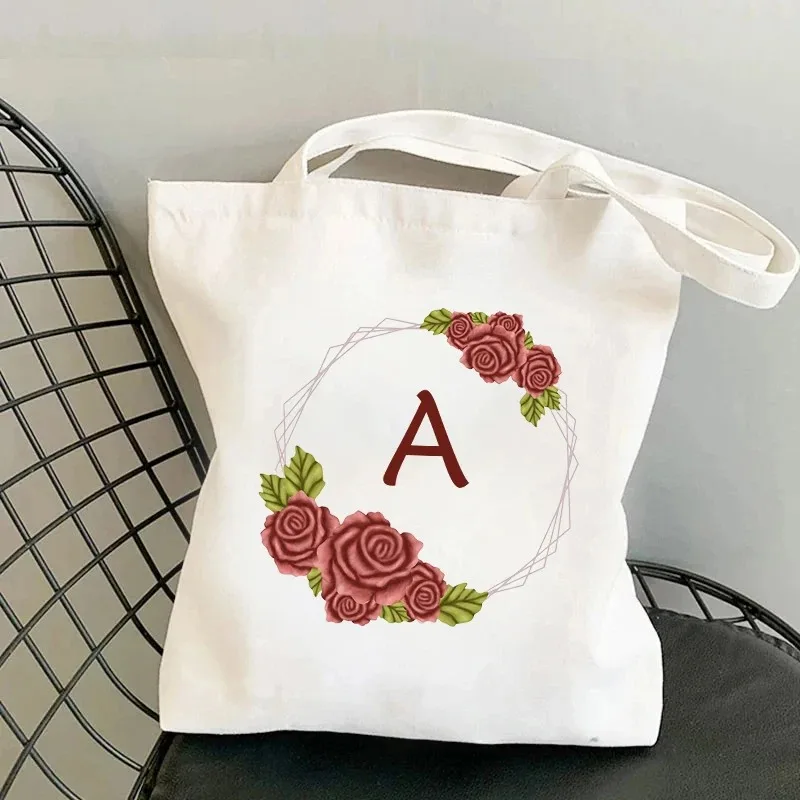 

Canvas handbag with a-z lettering pattern of garland of roses romantic organizer retro shoulder bags of Fashionable Shoulder Bag